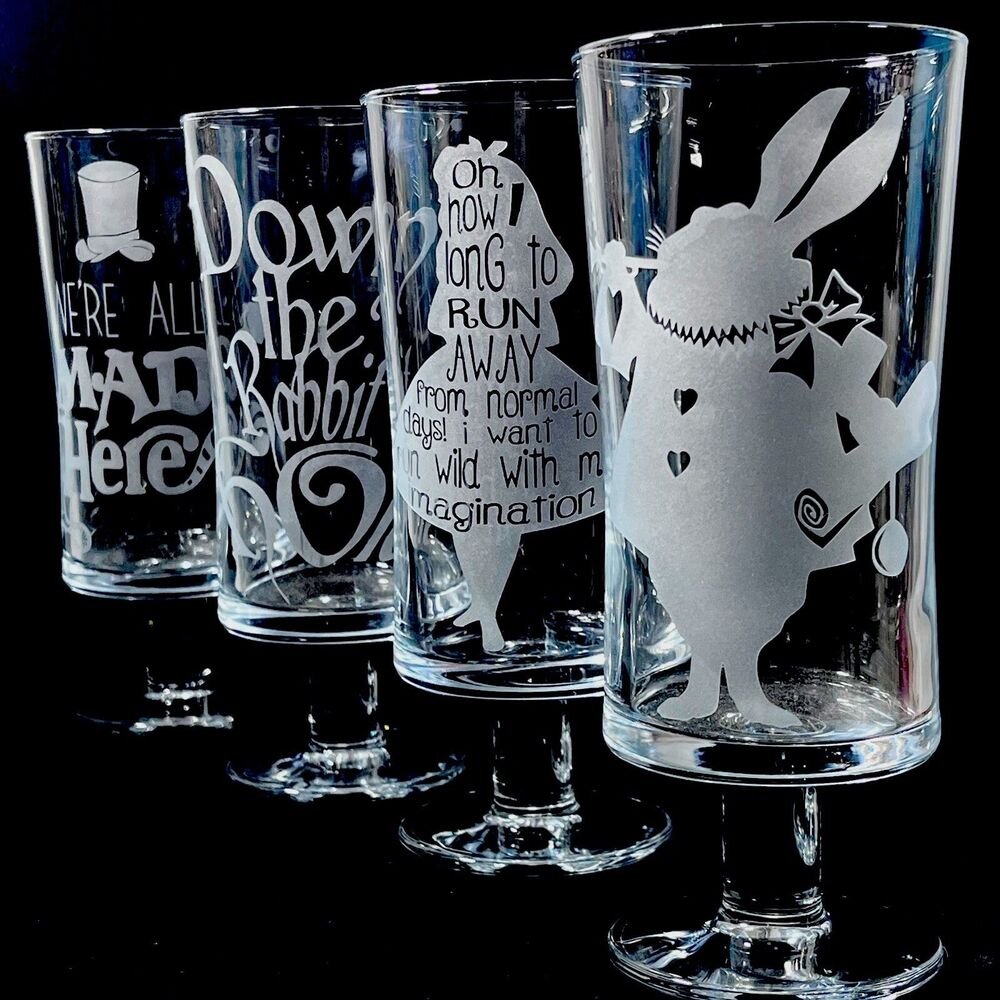 Alice In Wonderland Parfait Etched Glass Set of 4 Custom Made Footed Clear‎ OOAK